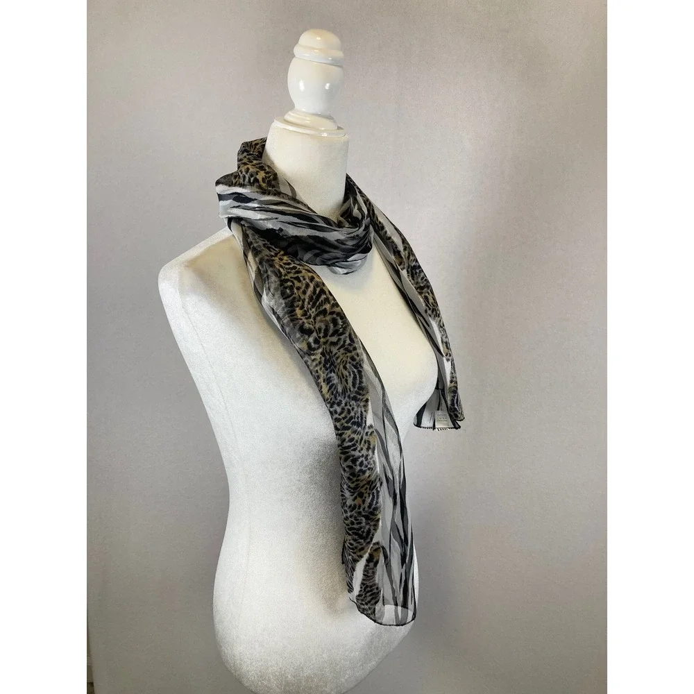 Safari Chic Women OS Black Tan‎ Animal Print Mixed Zebra Leopard Scarf